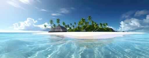 tropical paraíso playa con blanco arena y Coco palmas viaje turismo amplio panorama antecedentes concepto. generativo ai. foto