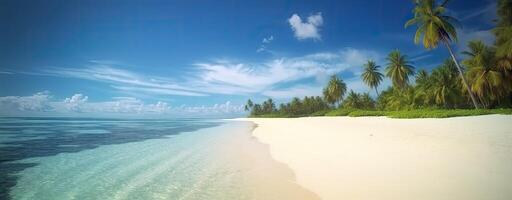 tropical paradise beach with white sand and coco palms travel tourism wide panorama background concept. . photo