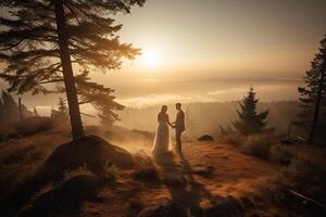 Wedding silhouette couple posing on sunset in beautiful forest at wedding day. Bride and groom in love. Non-existent person. . photo