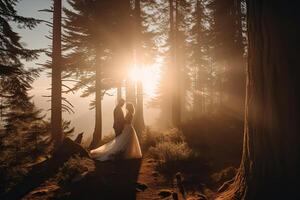 Wedding silhouette couple posing on sunset in beautiful forest at wedding day. Bride and groom in love. Non-existent person. . photo