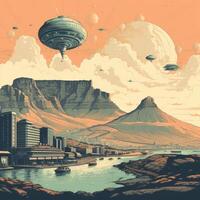 Illustration of Exoplanet fantastic landscape. Beautiful views of the mountains and sky with unexplored planets. . photo