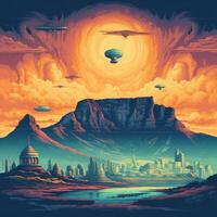 Illustration of Exoplanet fantastic landscape. Beautiful views of the mountains and sky with unexplored planets. . photo