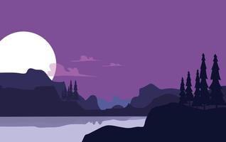 hermosa vector paisaje ilustración, pacífico amanecer terminado montañas, Oceano y bosque. viajar, senderismo, al aire libre y aventuras concepto. utilizar como antecedentes o fondo de pantalla.