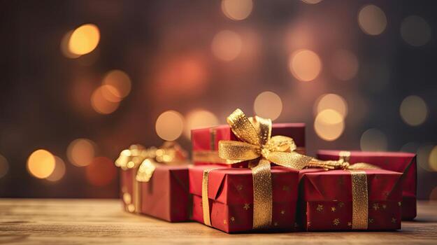 Christmas presents wrapped in red paper with gold ribbon on on wooden table background and bokeh. Place for typography and logo. Copy space. . photo