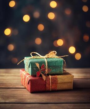 Christmas presents wrapped in red paper with gold ribbon on on wooden table background and bokeh. Place for typography and logo. Copy space. . photo