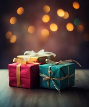 Christmas presents wrapped in red paper with gold ribbon on on wooden table background and bokeh. Place for typography and logo. Copy space. . photo
