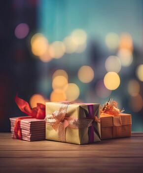 Christmas presents wrapped in red paper with gold ribbon on on wooden table background and bokeh. Place for typography and logo. Copy space. . photo