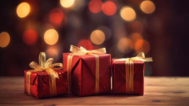 Christmas presents wrapped in red paper with gold ribbon on on wooden table background and bokeh. Place for typography and logo. Copy space. . photo