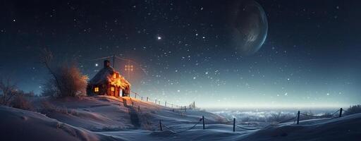 de madera casa en un Nevado bosque. invierno mundo maravilloso. generativo ai. foto