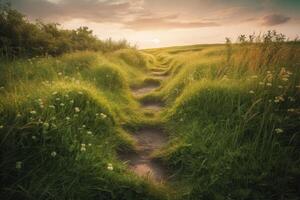 The landscape of grass fields and blue sky road leading off into the distance. . photo