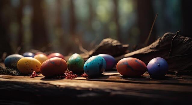 row of colorful easter eggs on wooden table and bokeh background, place for typography and logo. Rustic wooden table. Easter theme. . photo