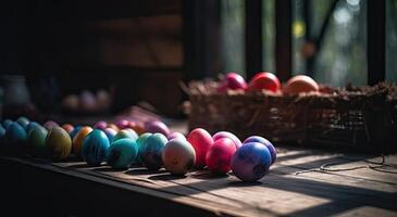 row of colorful easter eggs on wooden table and bokeh background, place for typography and logo. Rustic wooden table. Easter theme. . photo