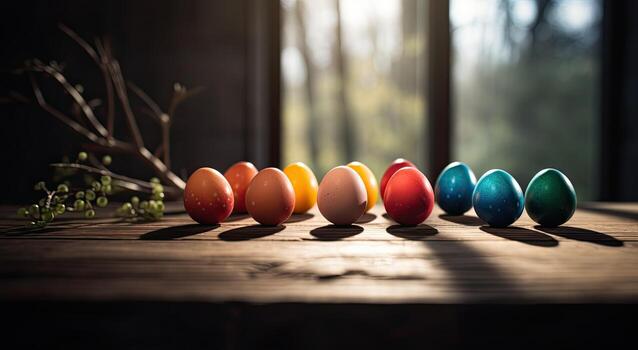 row of colorful easter eggs on wooden table and bokeh background, place for typography and logo. Rustic wooden table. Easter theme. . photo