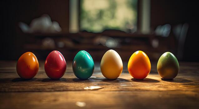 row of colorful easter eggs on wooden table and bokeh background, place for typography and logo. Rustic wooden table. Easter theme. . photo