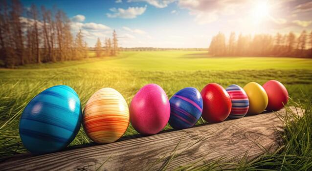 row of colorful easter eggs on wooden table and bokeh background, place for typography and logo. Rustic wooden table. Easter theme. . photo