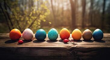 fila de vistoso Pascua de Resurrección huevos en de madera mesa y bokeh fondo, sitio para tipografía y logo. rústico de madera mesa. Pascua de Resurrección tema. generativo ai. foto