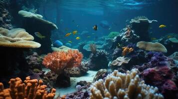 Underwater scene. Coral reef, colorful fish groups and sunny sky shining through clean ocean water. Space underwater for you to fill or just use standalone. High res. photo