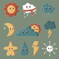 Cute weather set. Emotional weather forecast. Cute sun and happy clouds. vector