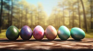 row of colorful easter eggs on wooden table and bokeh background, place for typography and logo. Rustic wooden table. Easter theme. . photo