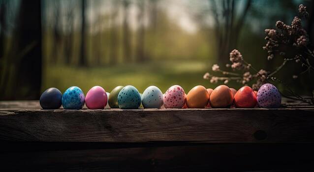 row of colorful easter eggs on wooden table and bokeh background, place for typography and logo. Rustic wooden table. Easter theme. . photo