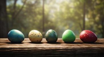 row of colorful easter eggs on wooden table and bokeh background, place for typography and logo. Rustic wooden table. Easter theme. . photo