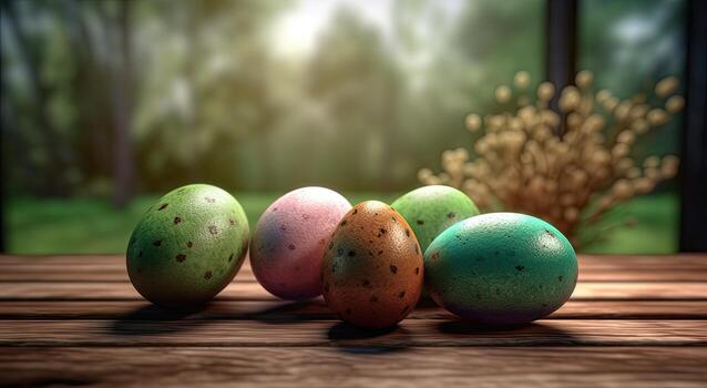 row of colorful easter eggs on wooden table and bokeh background, place for typography and logo. Rustic wooden table. Easter theme. . photo