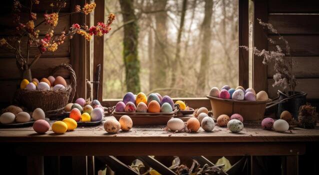 row of colorful easter eggs on wooden table and bokeh background, place for typography and logo. Rustic wooden table. Easter theme. . photo