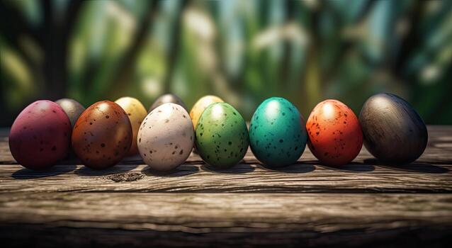 row of colorful easter eggs on wooden table and bokeh background, place for typography and logo. Rustic wooden table. Easter theme. . photo
