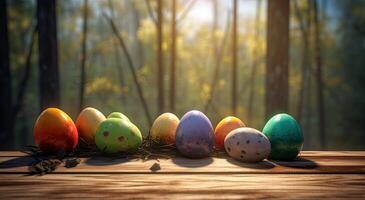 row of colorful easter eggs on wooden table and bokeh background, place for typography and logo. Rustic wooden table. Easter theme. . photo