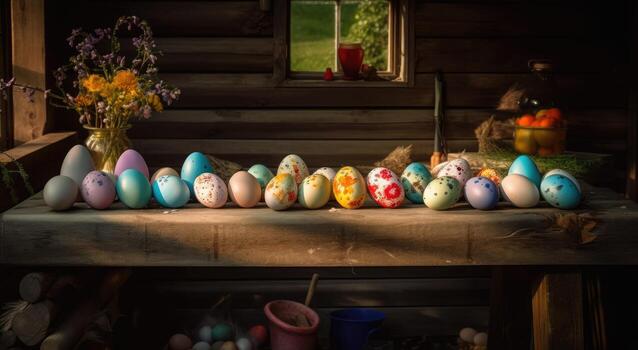 row of colorful easter eggs on wooden table and bokeh background, place for typography and logo. Rustic wooden table. Easter theme. . photo