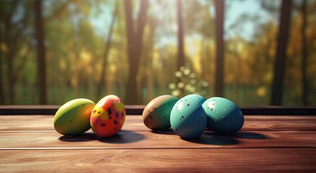 row of colorful easter eggs on wooden table and bokeh background, place for typography and logo. Rustic wooden table. Easter theme. . photo