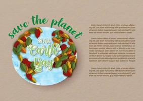 A Global in watercolor style with autumn leaves and example texts on the Earth day slogan and light brown paper pattern background. Poster's campaign of Earth day in watercolor and paper cut style. vector