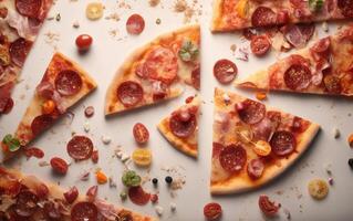 Tasty pepperoni pizza and cooking ingredients tomatoes basil on black concrete background. Top view of hot pepperoni pizza. With copy space for text. Flat lay. Banner. . photo