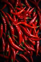 Red hot chilli peppers pattern texture background. Close up. A backdrop of Red hot chilli peppers. . photo