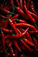 Red hot chilli peppers pattern texture background. Close up. A backdrop of Red hot chilli peppers. . photo