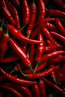 Red hot chilli peppers pattern texture background. Close up. A backdrop of Red hot chilli peppers. . photo