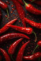 Red hot chilli peppers pattern texture background. Close up. A backdrop of Red hot chilli peppers. . photo