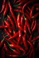 Red hot chilli peppers pattern texture background. Close up. A backdrop of Red hot chilli peppers. . photo