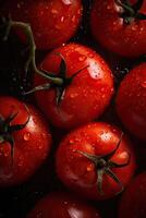 Fresco Tomates en gotas de Rocío como un antecedentes. generativo ai. foto