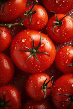 Fresh tomatoes in drops of dew as a background. . photo