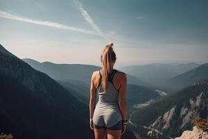 ver desde detrás aptitud niña en pie en parte superior de el montaña. mujer en ropa de deporte en pie en el montaña. generativo ai. foto