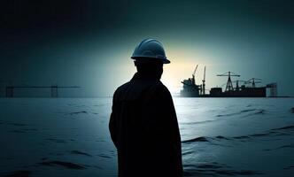 silhouette of engineer in safety hat standing in front of Offshore oil platform station, energy industry. . photo