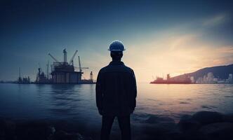 silhouette of engineer in safety hat standing in front of Offshore oil platform station, energy industry. . photo