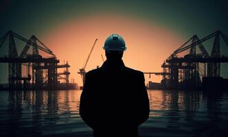 silhouette of engineer in safety hat standing in front of Offshore oil platform station, energy industry. . photo