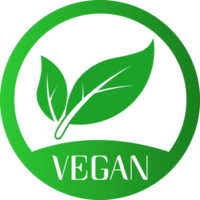 vegano icono. orgánico, biografía, eco símbolo. vegano, No carne, lactosa gratis, saludable, Fresco y no violento alimento. redondo verde ilustración con hojas para pegatinas, etiquetas y logos png