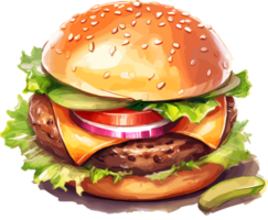 Juicy Cheeseburger Watercolor Illustration With Veggies png