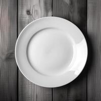 An empty plate on a white wooden table. Top view of white ceramic plate on white wooden. Generative Ai. photo