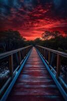 de madera tablón pasarela líder a un hermosa puesta de sol en el lago. generativo ai. foto