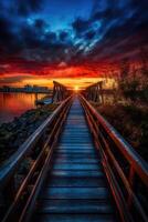 Wooden plank walkway leading to a beautiful sunset on the lake. . photo