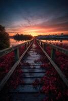 de madera tablón pasarela líder a un hermosa puesta de sol en el lago. generativo ai. foto